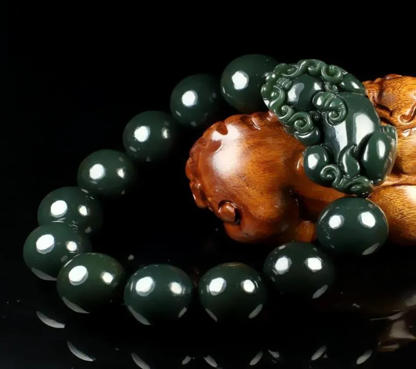 Natural Green Hetian Jade Bransoletka Mężczyźni i kobiety 14 mm 16 mm okrągłe koraliki Prezenty biżuterii Bangle6126417