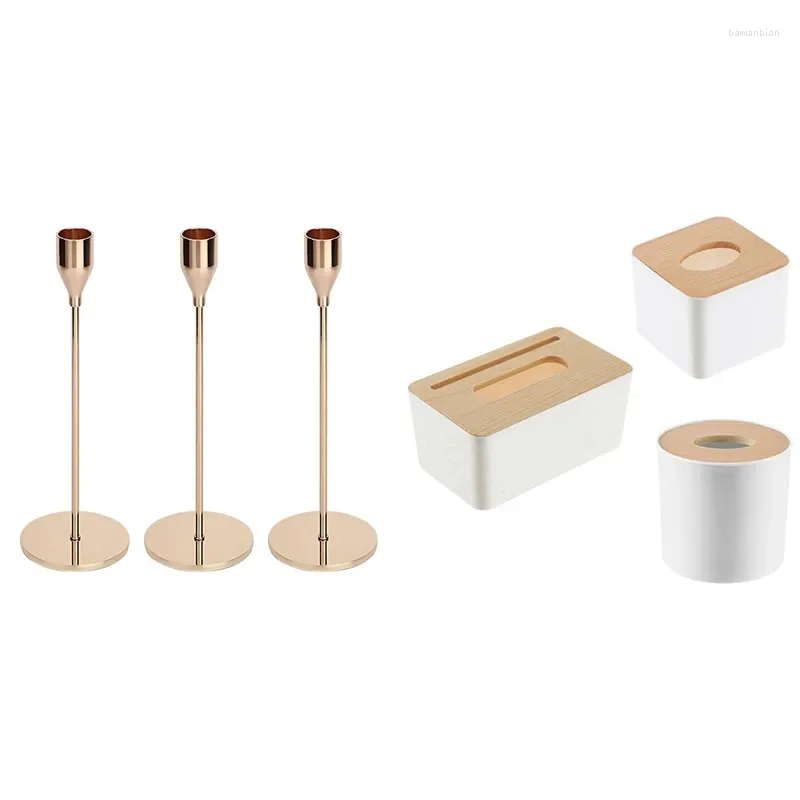 Candle Holders 3 Pcs Holder Candlestick Metal Taper & Home Kitchen Tissue Box