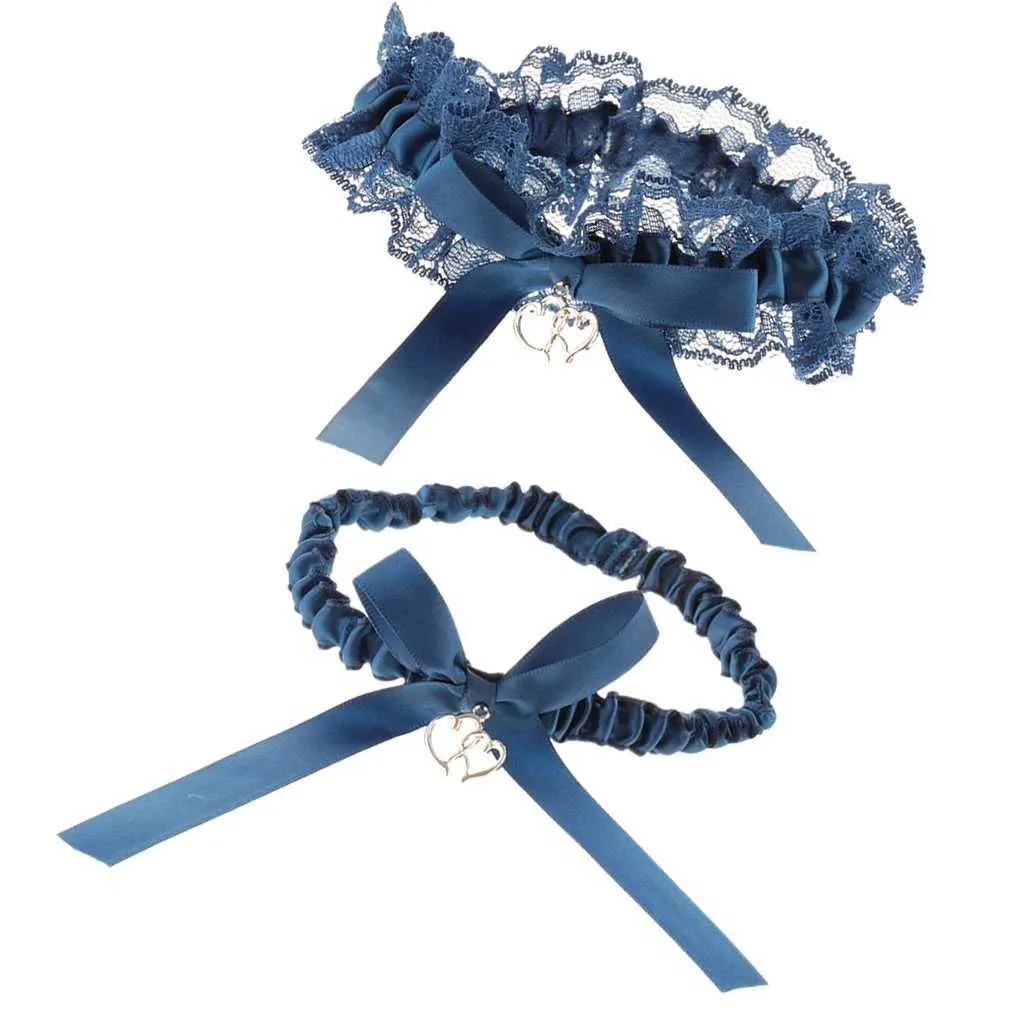 2pcs Wedding Bridal Bowknot Heart Lace Garter Throwaway Toss Leg Blue