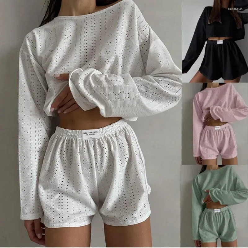 Hemkläder kvinnors pyjamas Set Spring Long Sleeve Tops med shorts Sleepwear 2 Piece Loose rund nacke slitage pyjama femme