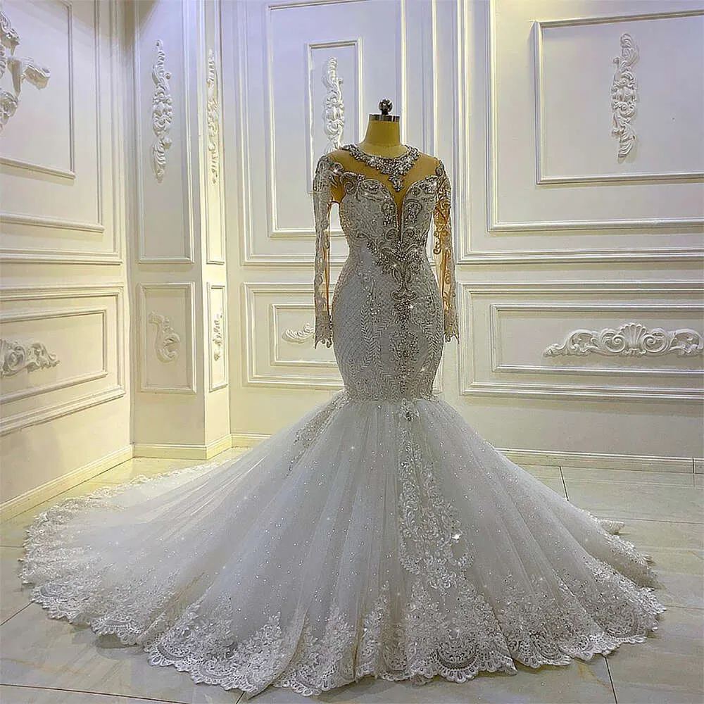 Exquisite Mermaid Wedding Dresses O-neck Beads Lace Appliques Pearls Long Sleeve Tulle Customized Bridal Gown Vestidos De Novia