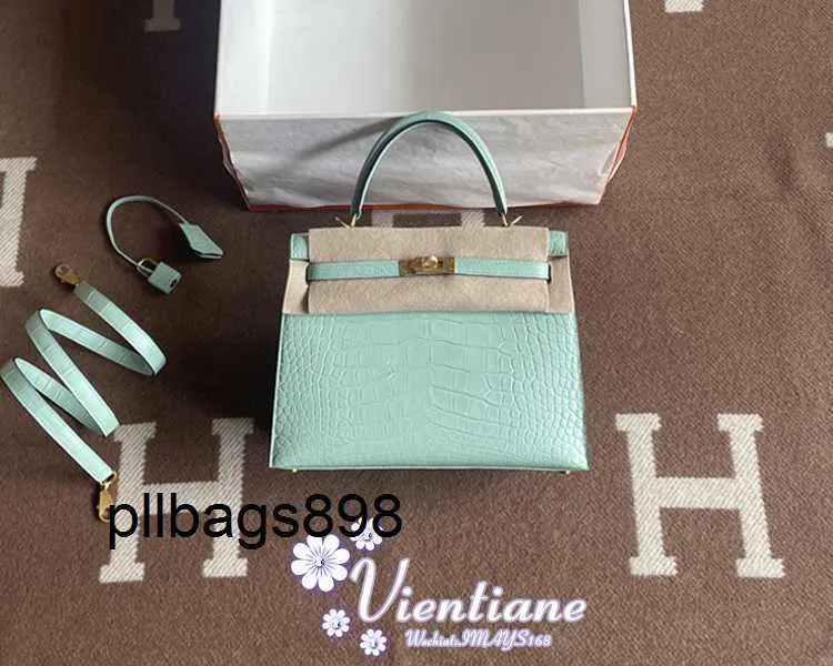 Handbag Keliys Genuine Leather 7A Externally sewn bag 25cm mint green 6U Vertdeau matte square crocodile skin matte gold buckle