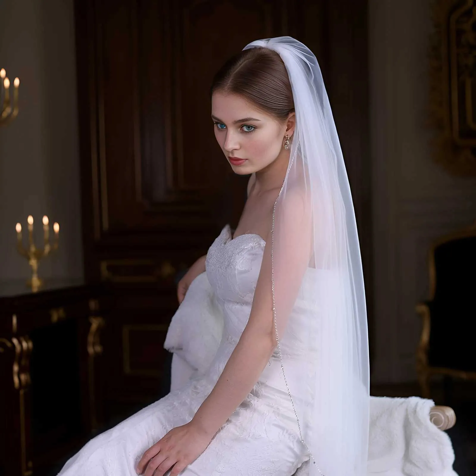 Haarschmuck Brautschleier Kristallperlen 1-stufig Hochzeitsschleier Strass Perlenbesatz Weicher Tüll mit Kamm Kathedrale_voghion.com