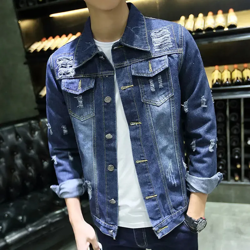 Jackets jackets de jeans azul no casaco de jeans mais baixo de preços para homens com mangas largas de orifício rasgado de tecido vintage usado y2k 240514