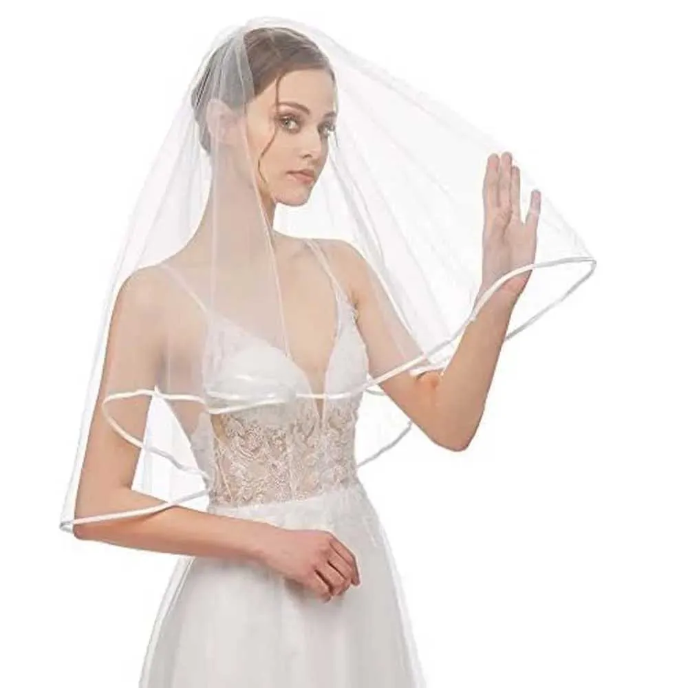 Haarschmuck Braut Damen Einfacher Tüll Kurzer Schleier Satinrand Mit Kamm für Hochzeit Junggesellinnenabschied_voghion.com