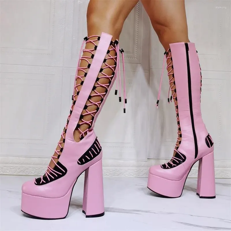 Boots Girl Pink Leather Elastic Band Crossed Fixt Cutout Knee Square High Heel Super Platform Stage Sandale d'été ardente