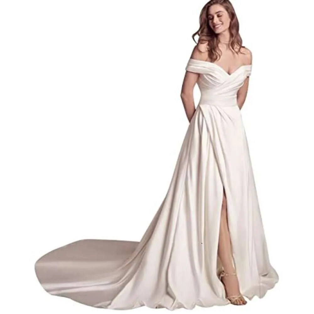 Wedding Dresses for Bride Simple Beach Boho Backless Satin Bridal Gowns