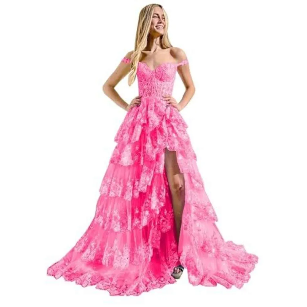 Tiered Tulle Prom Dresses Off The Shoulder Ball Gown for Women 2024 Glitter Sweetheart Quinceaner...