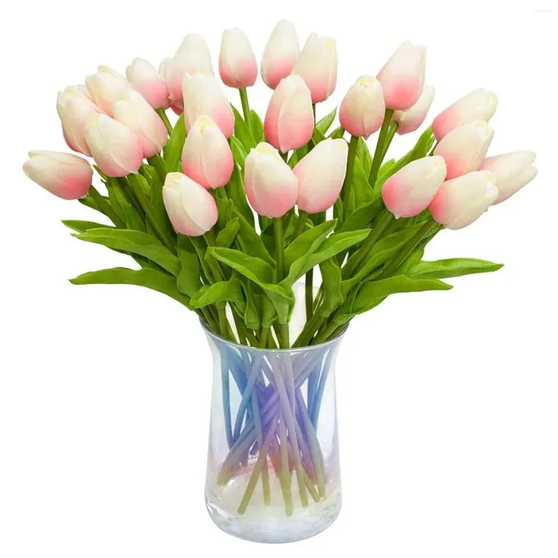 Decorative Flowers 30Pcs Artificial Tulips Real Touch Fake Holland PU Tulip Bouquet Latex Flower White Tulip(Light Pink)