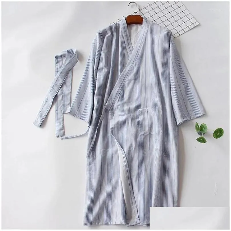 Ethnic Clothing Couple Stripe Japanese Style Cotton Kimono Yukata Woman Haori Sleepwear Men Samurai Costume Long Gown Pajamas Japan Dhcc4