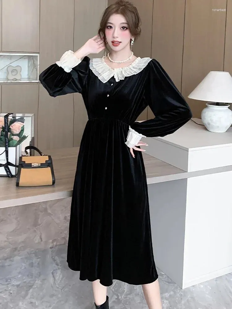 Casual Dresses Korean Elegant Chic Women Promotion Autumn Winter Black Velvet Ruffled Collar Vestidos 2024 Vintage BodyCon Night Dress