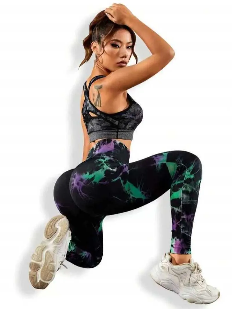 Leggings femminile Nuovo stile Timing Tie Dye Pantaloni senza cuciture Donne in alto e bottino Sollevamento Leggings Stringer Elastic Running Fitness Pants Y240508