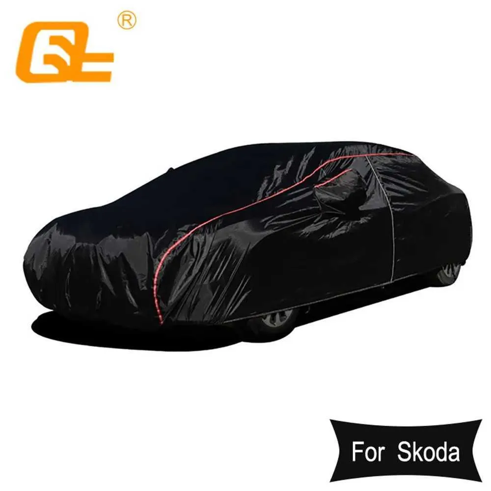 Bilskydd 210T Universal Full Car Covers Outdoor Prevent Snow Sun Rain Dust Frost Vind svart för Skoda Octavia Yeti Rapid Fabia T240509