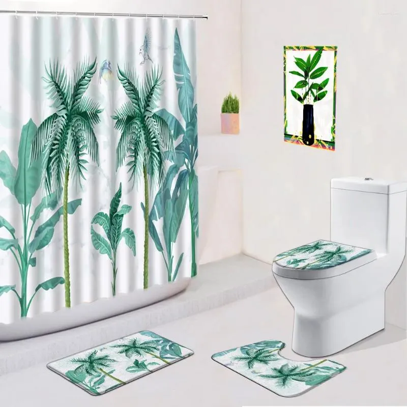 Zasłony prysznicowe liść palmy 4PCS Zestaw zasłony tropikalne liście roślin kwiat Kwiat materiałowy kąpiel przeciwpoślizgowa dywaniki dywany