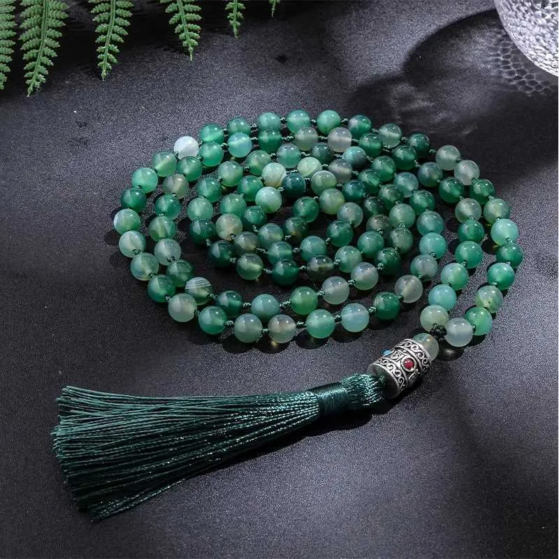 Collares de cuentas de 8 mm Agata a rayas verdes Japamala Knot Collar 108 Mala Beads Meditation Yoga Bendición Joyería Joya Xizang D240514