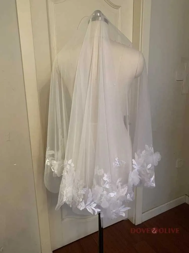 Gioielli per capelli 60cm-90cm Velo da sposa floreale con applicazioni in pizzo Due strati con pettine Accessorio per copricapo da sposa in tulle_voghion.com
