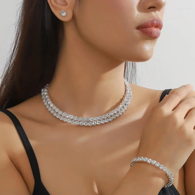 Choker Fashion Neckchain Necklace Amazon Selling Jewelry Full Diamond Claw Chain Bracelet Ear Studs Neckband Three Piece Set
