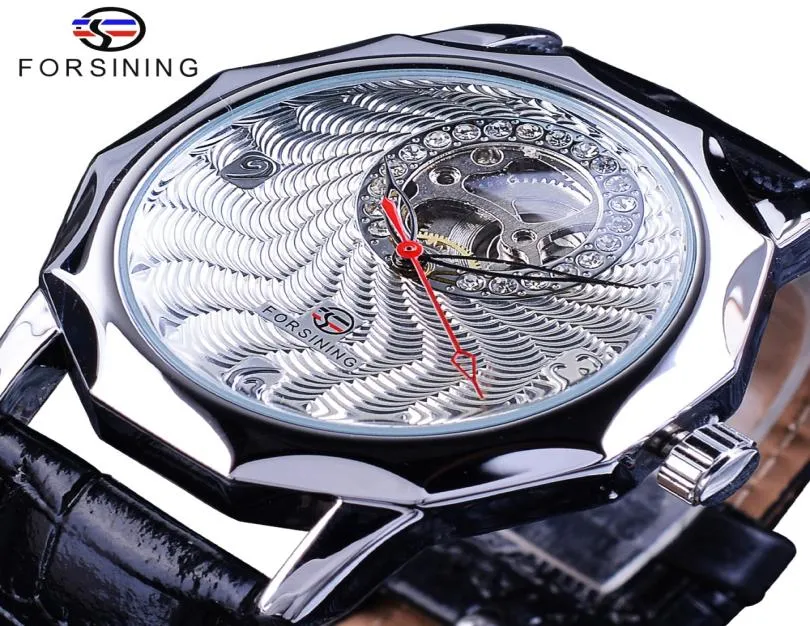 ForSining Fashion Diamond Display Half Skeleton Design Unikt Fashion Dial Mens Silver Watches Top Brand Luxury Neutral Casual5471520