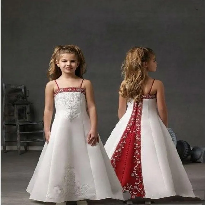 Robes de fille de fleur satinée blanche et rouge pour les bretelles spaghetti de mariage broderie en dentelle pour enfants anniversaire première robe de communion une ligne l 298l