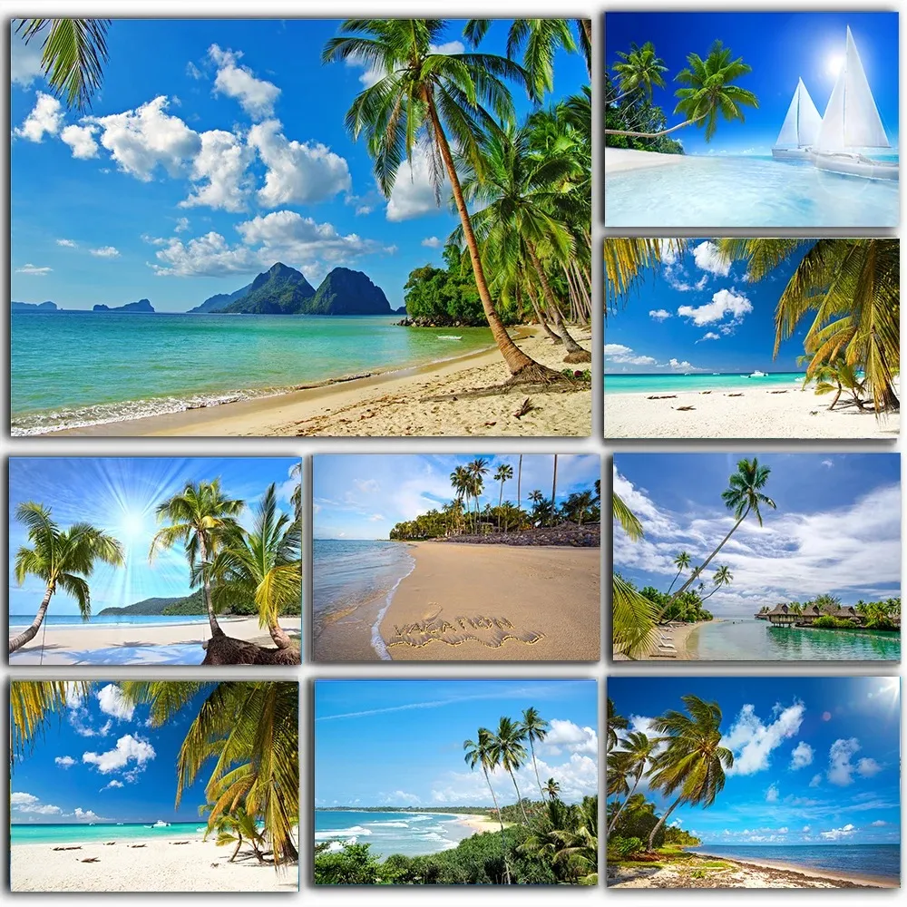 Strandlandskap duk målningar kokosnöt nötter träd bilder tropiska palmer vägg konst affisch natur landskap för heminredning oramad