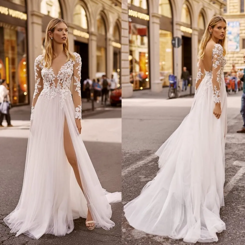 Elegant V-Neck Appliqued Lace Wedding Dress with Ruffle Sweep Train