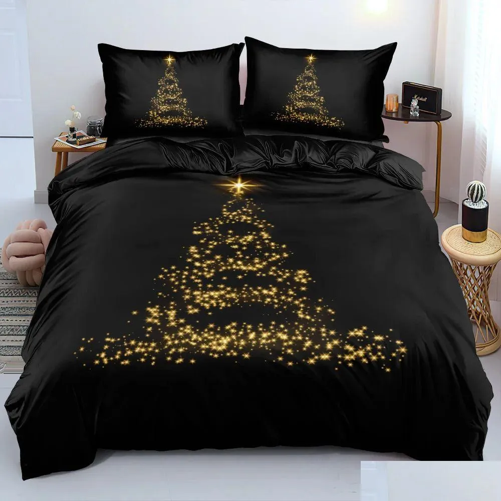 Ensembles de literie Luxury Black Gold Christmas Tree 3pcs Queen King Fl Fl Size Duvet Er Linen Set Pread pour un enfant 200x200 240x220 Drop Dhyns