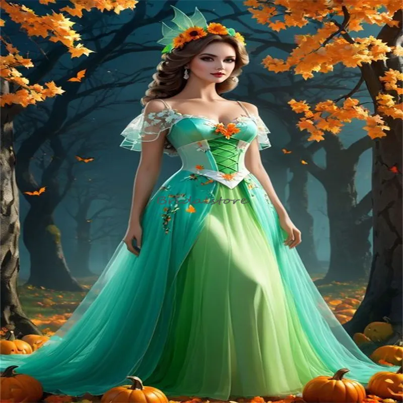 Abiti da ballo elfo verde vittoriano 2024 sexy spalline spaghetti 3d floreali elve abito da sera rinascimentale elegante abito da festa di compleanno formale medievale