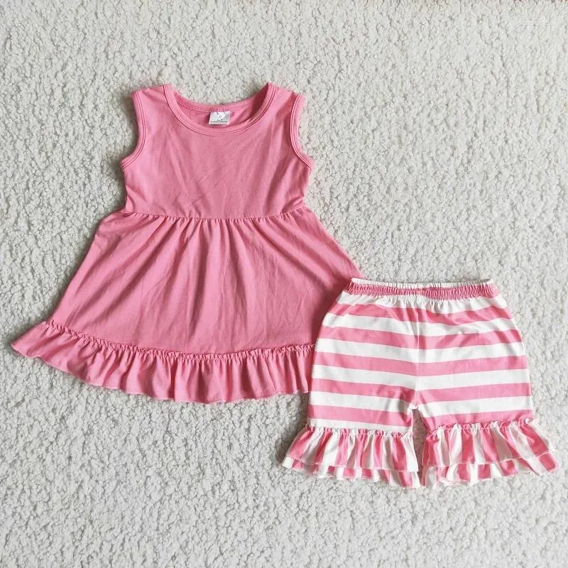 Clothing Sets Summer Fashion Baby Girls Pink Sleeveless Top Striped Pants Suit Wholesale Boutique Children Clothes