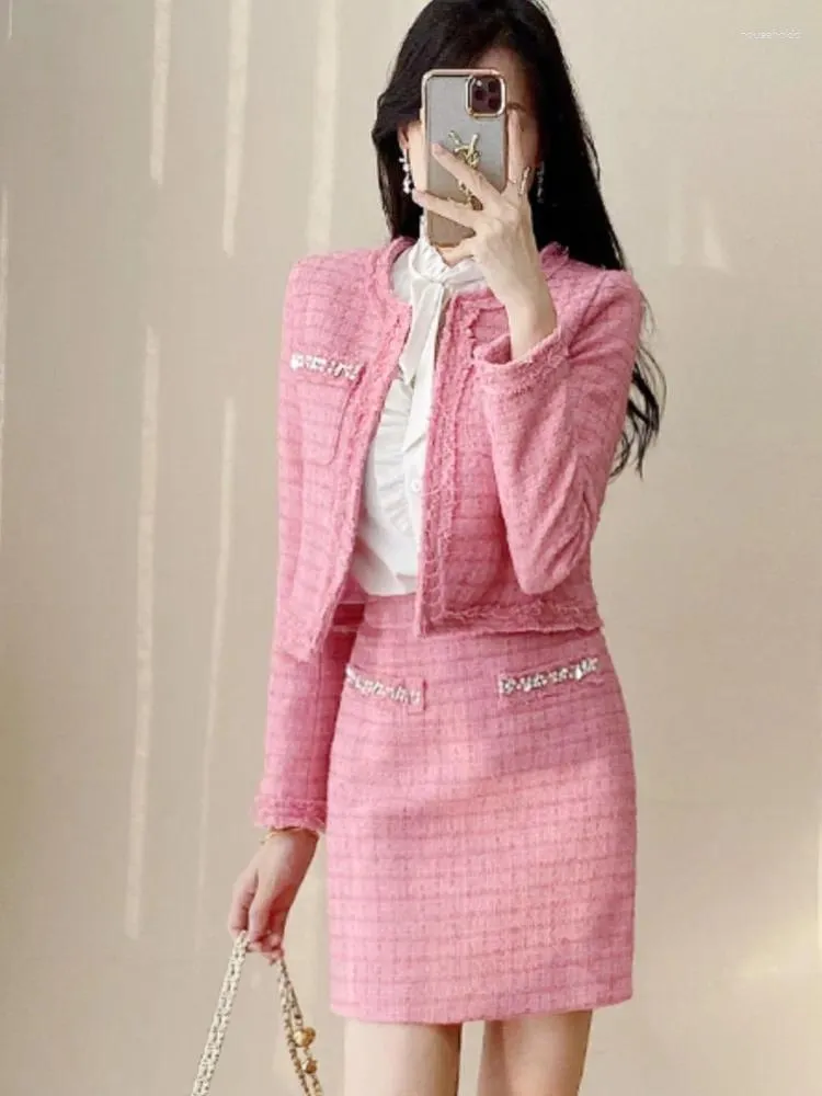 Work Dresses Pink Professional Suit Tweed Jacket Skirt Spring / Autumn Women's Coat Business Ladies 2 Piece Sets