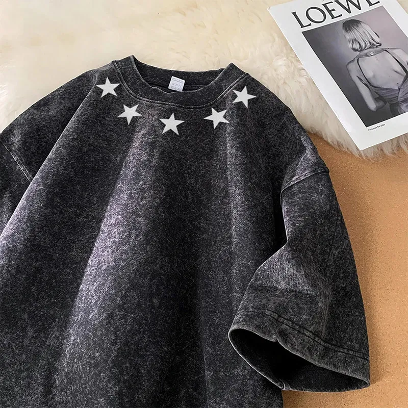 Heren Black Wash T-shirt O-Neck Star Pattern Heavy Duty Short Sleved Harajuku Street Clothing T-Shirt Hip Hop Top 240429