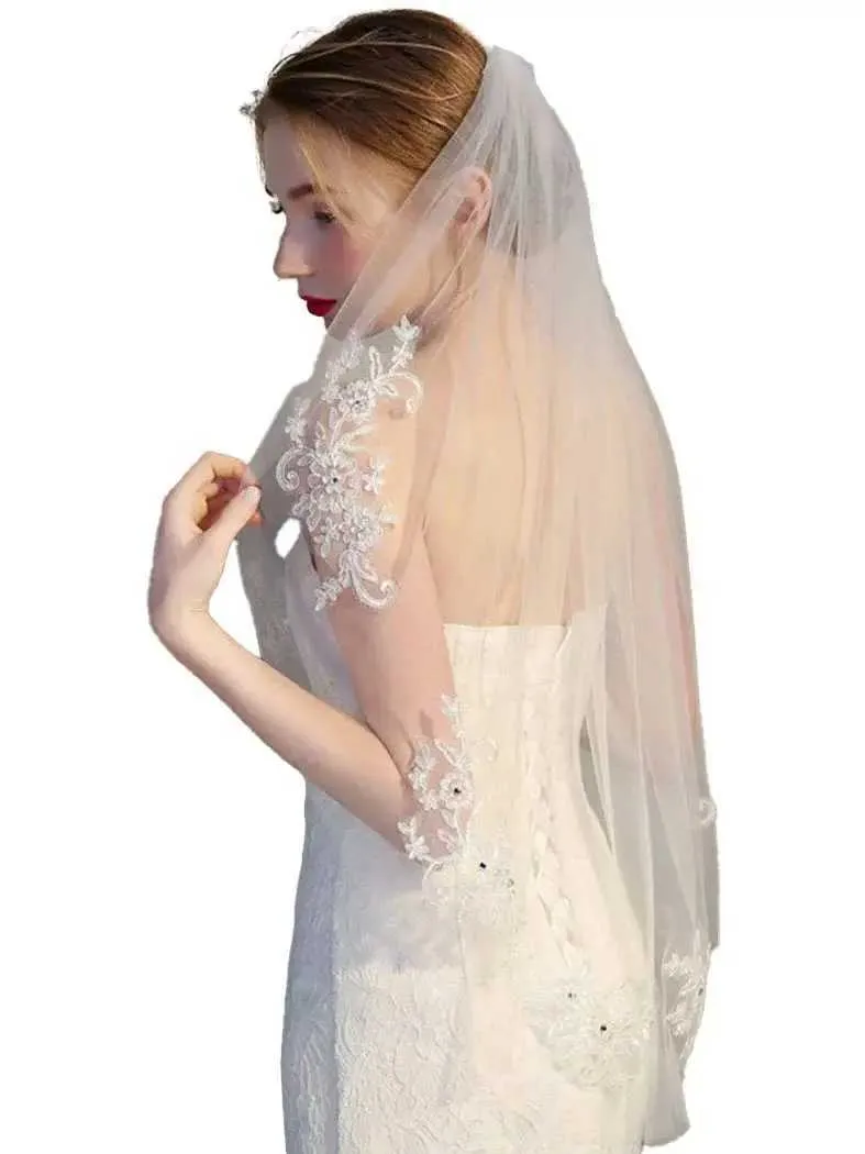 Jewelry Bridal Lace Embroidery Hollow Out Flower White And Ivory Veil Drop Wedding With Hair Comb Crystal Beads Wide_voghion.com