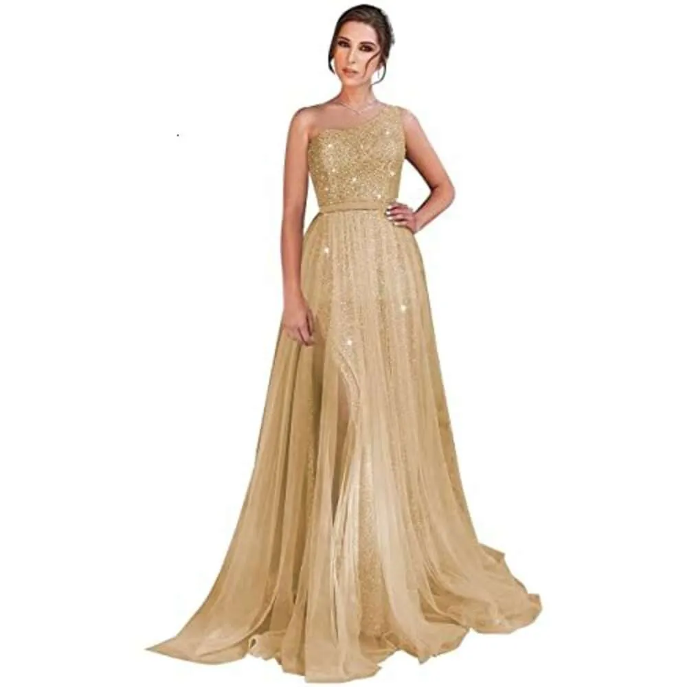 One Shoulder Prom Dress Sequin Formal Dresses for Women Sparkly Evening Gowns Tulle Ball Gown