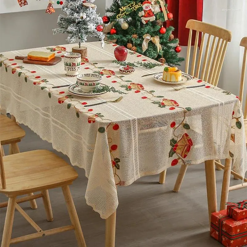 Tafelkleed 1 pk kerst geborduurd kanten tafelkleed klokken feest eetkeuken keuken rechthoek verfraaiing decoratieve hoes