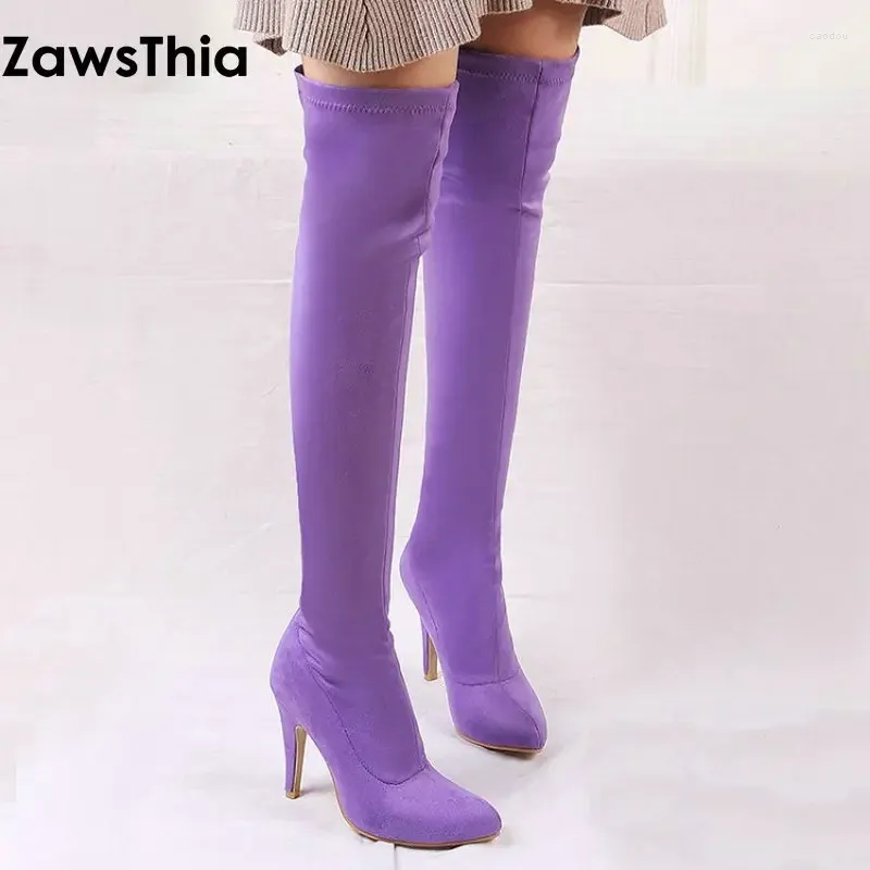 Boots Zawsthia 2024 hiver coloré jaune violet rose mince talon féminin chaussures sur les femmes du genou overnnee 33-45