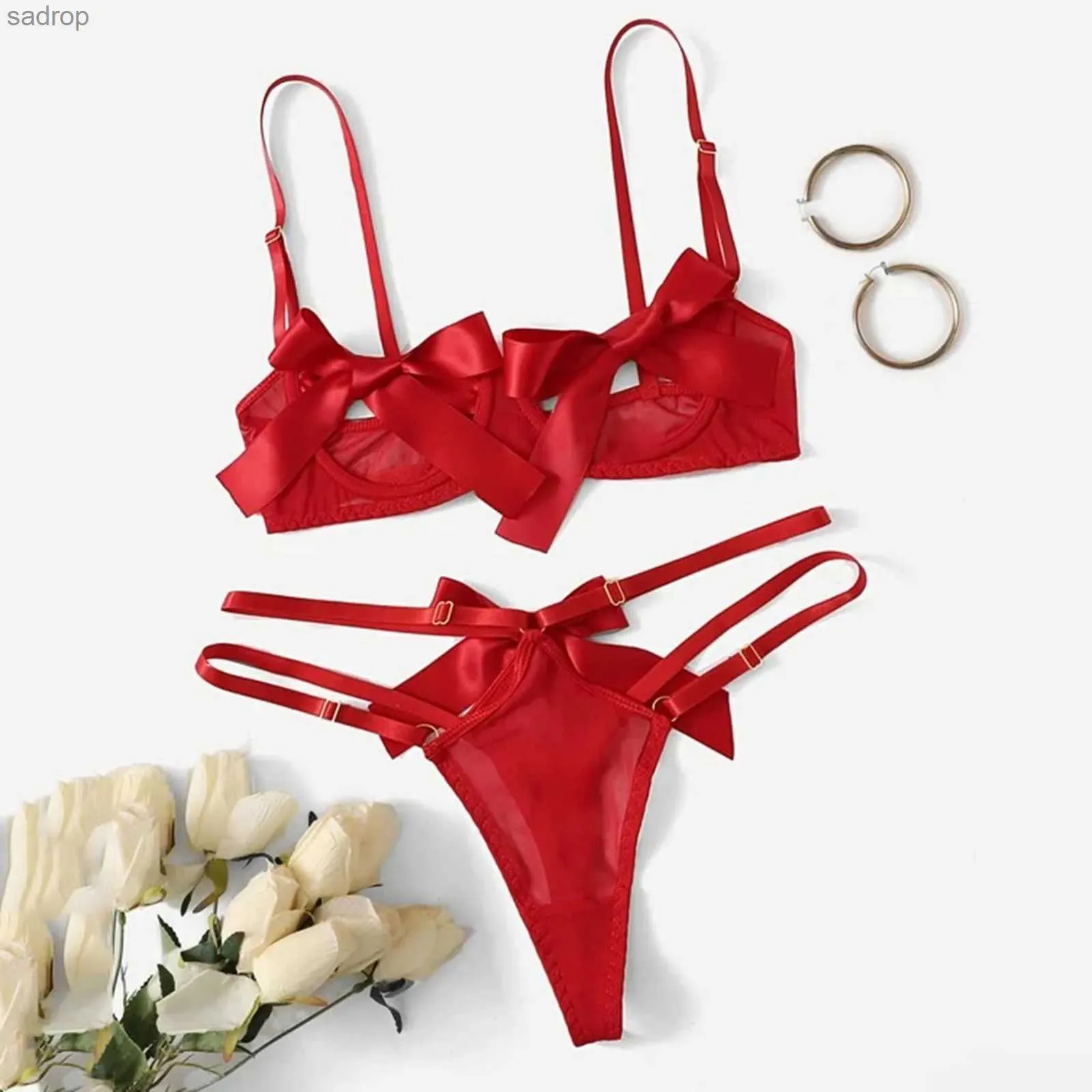 Ensembles de soutien-gorge Sexe sous-vêtements en dentelle Femme Femmes sous-vêtements Transparent Bra Party Set Lace Underwear Bra + Hollow Thong Set Underwear Set XW