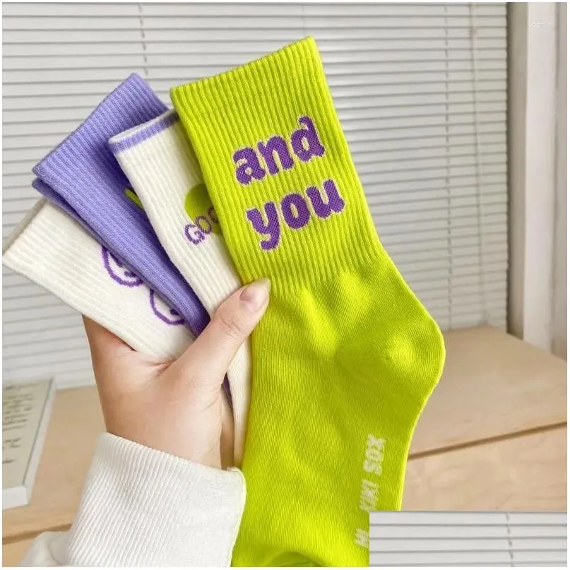 Socks Hosiery Women Korean Style Color Letter Fashion Sports For Girls Breathable Middle Tube Casual Female Crew Funny Drop Delive Dhi0L