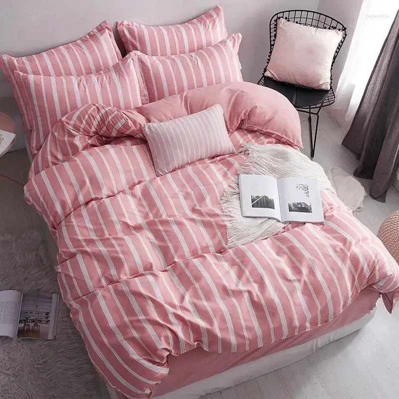 Beddengoed sets 37 Pink Stripe 4pcs Girl Boy Bed Bed Cover Set Dekbed volwassen kinderbladen en kussenslopen Comforter 2TJ-61016