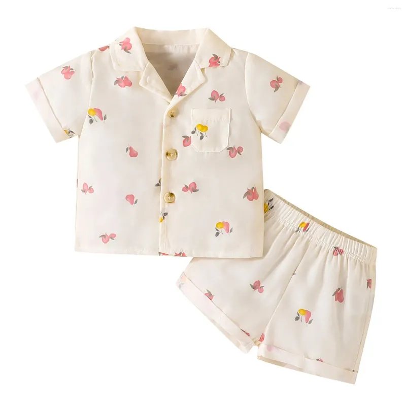 Roupas conjuntos de roupas para crianças meninas de meninas de mangas curtas de manga curta Terno de estampa de frutas de frutas de verão