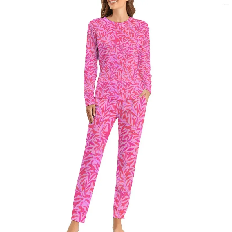 Women's Sleepwear Pink Leaf Pajamas Leaves Print 2 Piece Bedroom Pajama Set Women Long-Sleeve Trendy Oversize Nightwear