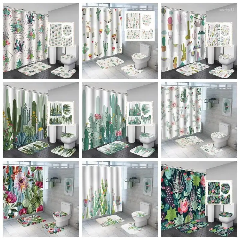 Shower Curtains 4pcs Tropical Plant Leaf Waterproof Curtain Cactus Anti-Slip Pad Soft U-Shaped Toilet Mat Cover Home Decor
