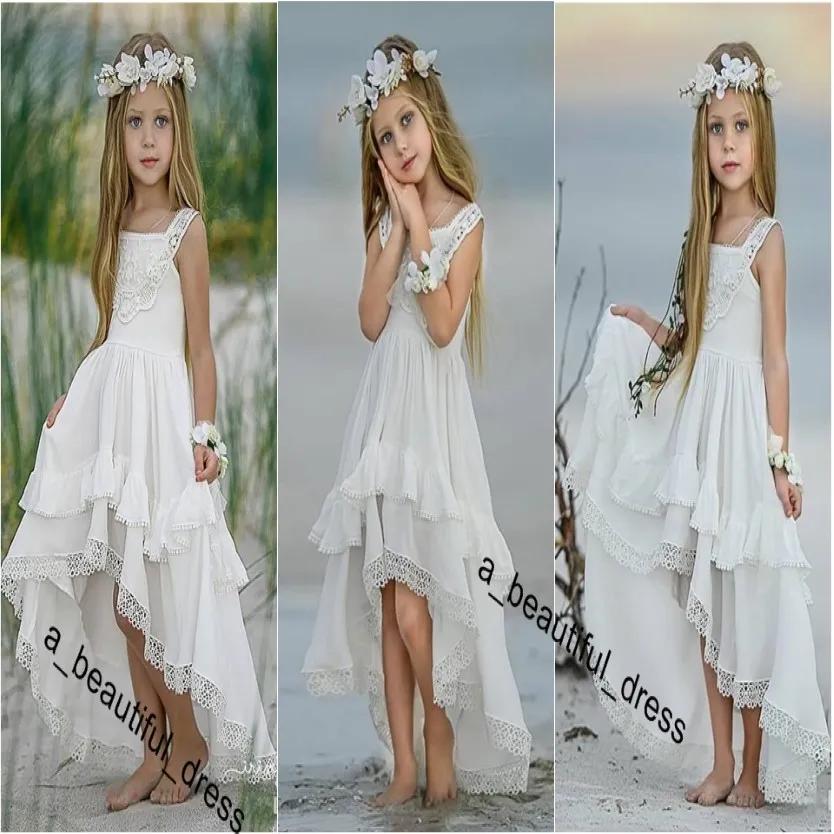 Abiti da ragazza a fiori bassa bohémien per abiti da concorso per matrimoni in spiaggia una linea boho pizzo applicato per bambini primo abito di comunione santa fg1240 260i