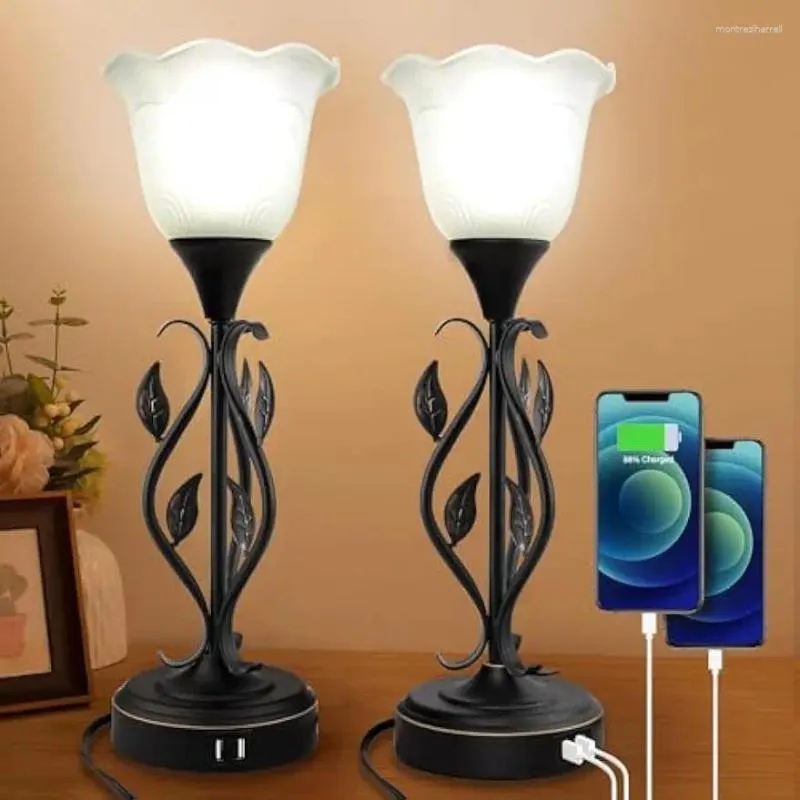 Lampy stołowe Lampa nocna (zestaw 2) z portem USB Trzy przyciemnione dotykowe winorośl liść czarna metalowa podstawa do sypialni/biura