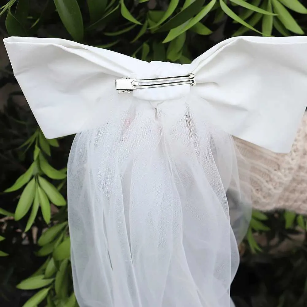 Haarschmuck Doppellagiger Mesh-Tüll Einfarbige Frauen Kurzer Hochzeitsschleier mit Clip-Bandkante Mitte Kaskadenbraut_voghion.com