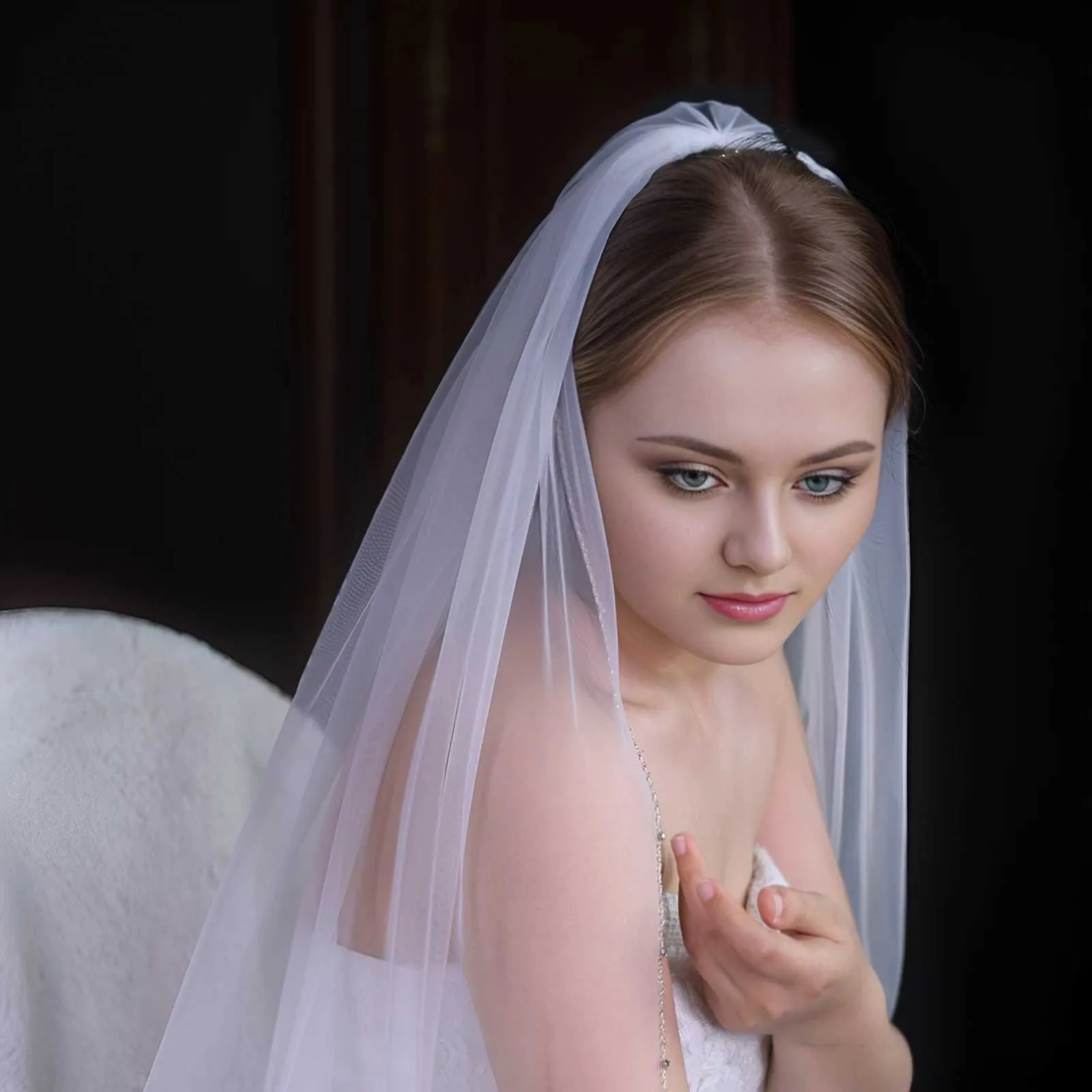 Haarschmuck Brautschleier Kristallperlen 1-stufig Hochzeitsschleier Strass Perlenbesatz Weicher Tüll mit Kamm Kathedrale_voghion.com