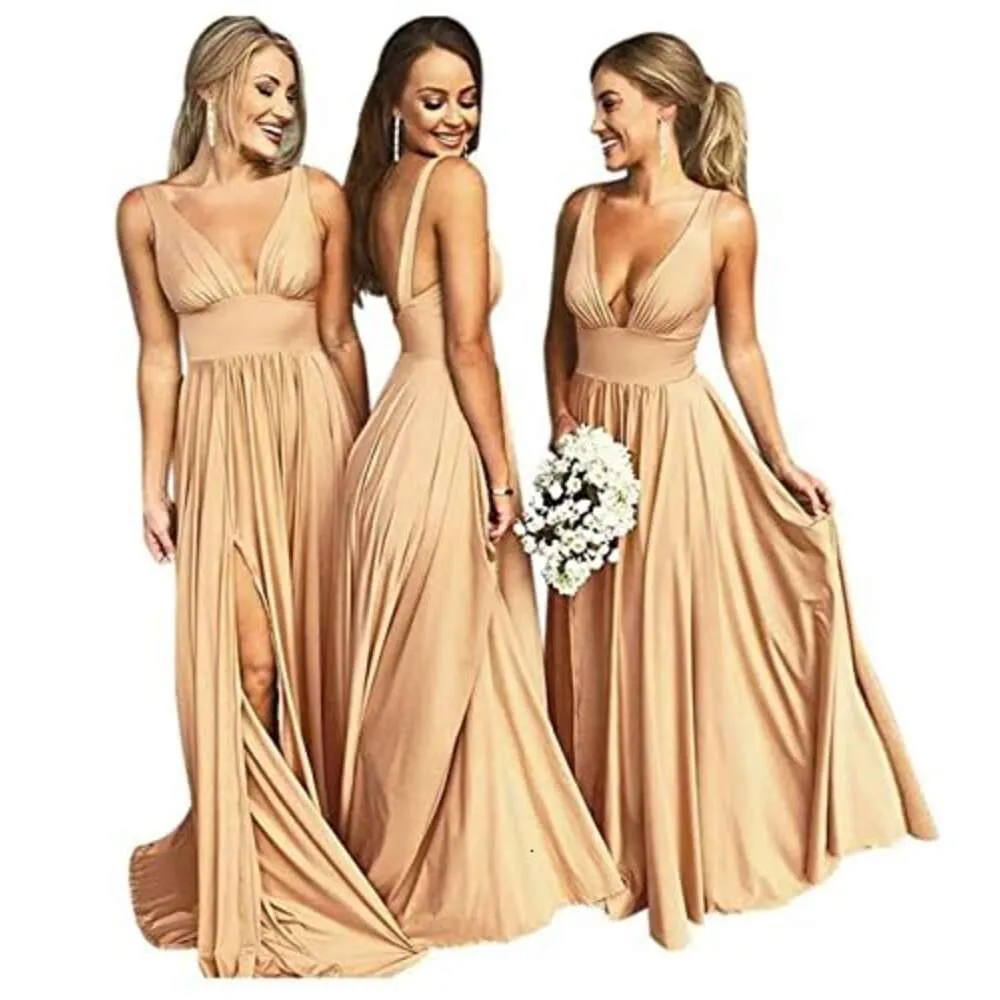V Neck Satin Bridesmaid Dresses for Wedding Split Prom Dresses Long A Line Formal Dresses for Women