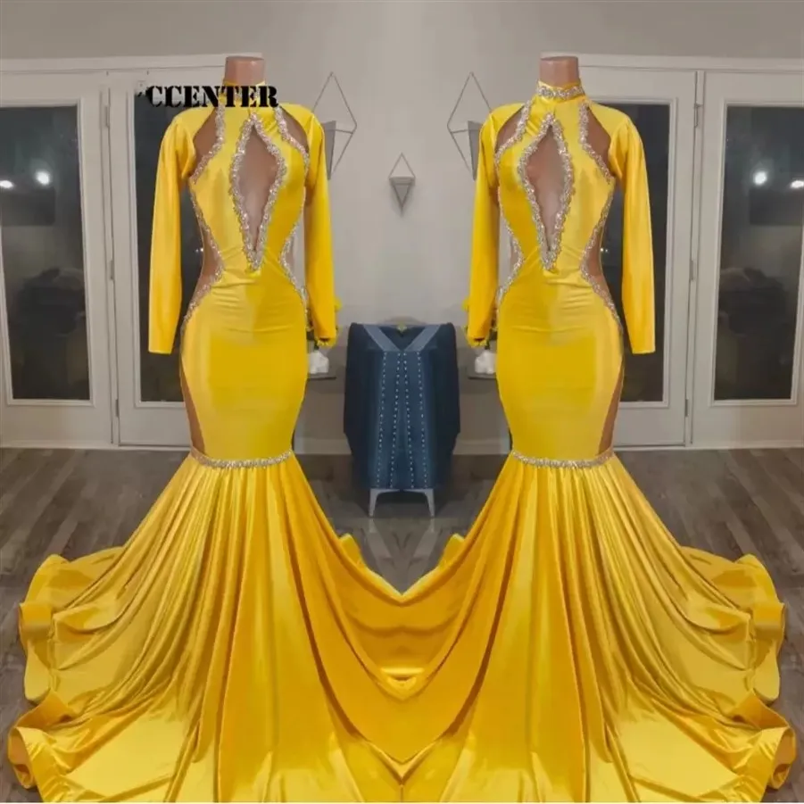 2023 Gelbgold -Abschlussballkleider für schwarze Mädchen Afrikanische Party Kleid Long Sleeve Sonderanschläge Abendkleid Meerjungfrau Robe de Femme GW021 2683
