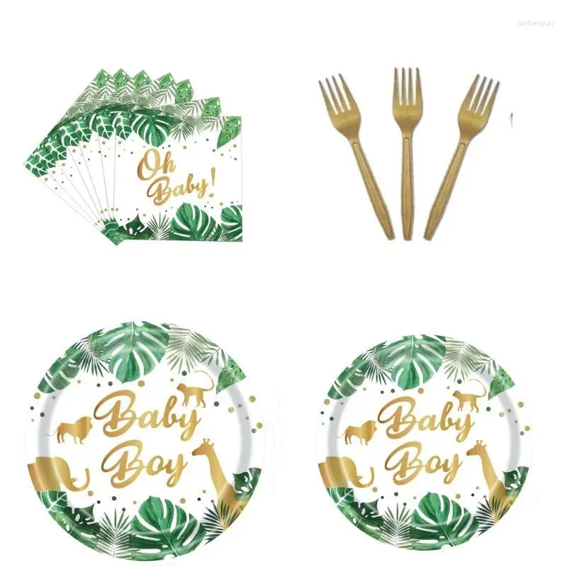 Одноразовая ужин -посуда зеленое животное тема для детской душевой мультипликационная пласка бумага для салфетки -вилка ложка набор скатерть на открытом воздухе для пикника