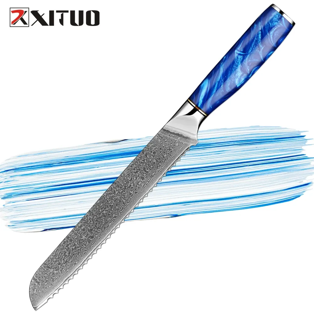 Bread Knife 8 inch Professional Japanese Damascus Steel Blue Resin Handle Ergonomic Pro Kitchen Knife Stain Corrosion Resistant