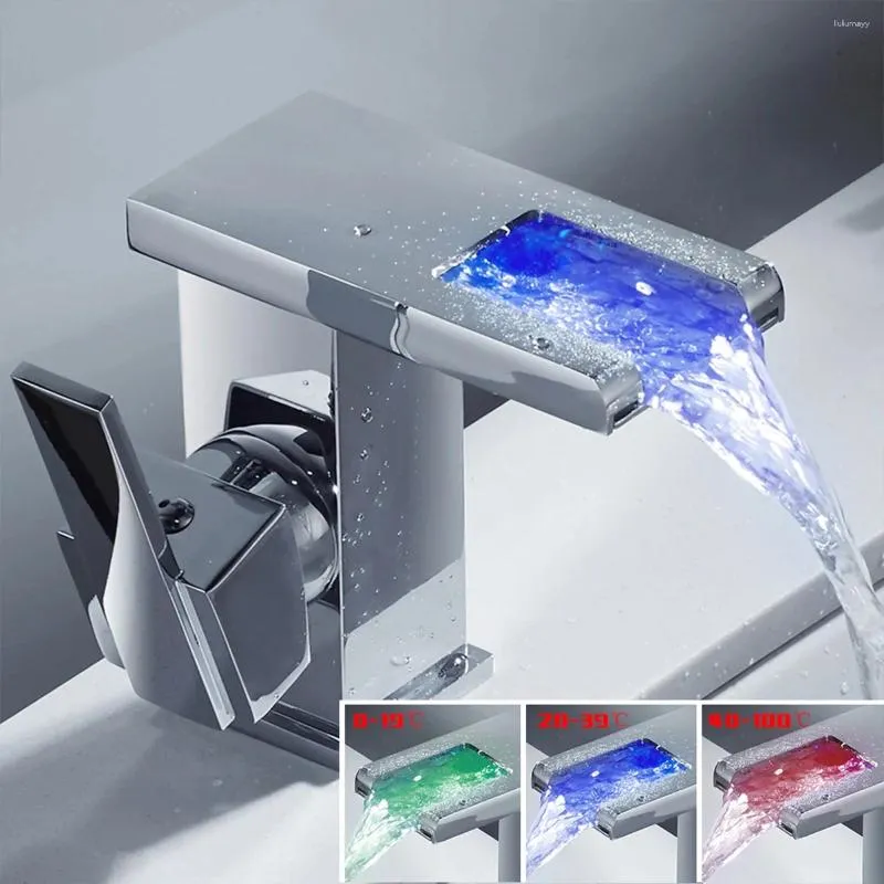 Robinets de lavabo de salle de bain robinet de capteur de température LED avec 3 couleurs Vanité Basin Basin Tap froid et eau à poignée unique