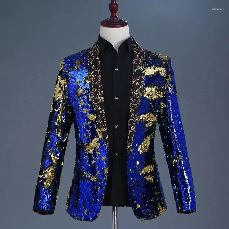 Men's Suits Luxury Royal Blue Sequin Dress Blazer Men Nightclub Stage Shawl Collar Mens Suit Jacket Wedding Party Masculino 2XL